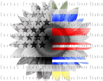 May include: A black and white sunflower with a red, white, and blue American flag design in the center. The sunflower is surrounded by the text "Cactus Creek Studio".