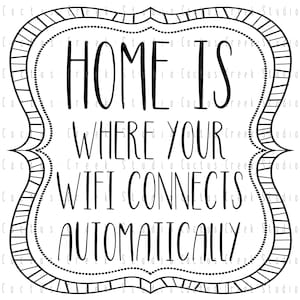 May include: Black and white graphic with a decorative border. The text reads "Home is where your wifi connects automatically."