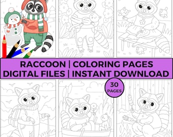 Cute Raccoon Coloring Pages, Forest Animals, Kids and Adults (Digital Download)