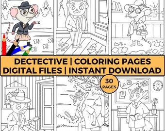 Detective Animals Kleurplaten voor kinderen, afdrukbare activiteitenbladen met mysteriethema, direct downloaden