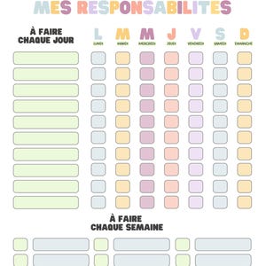 May include: A colorful chore chart with the words "MES RESPONSABILIT&Eacute;S" and "&Agrave; FAIRE CHAQUE JOUR" at the top. It features a rainbow and star graphic. The chart has spaces for daily and weekly tasks, with a section for rewards.