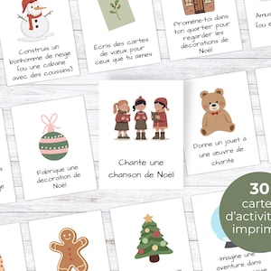 May include: A collection of illustrated Christmas activity cards. The cards feature various festive images, including a snowman, angel, Christmas tree, and gingerbread man. Text on the cards suggests activities like singing carols and decorating. A green circle reads "30 printable activity cards."