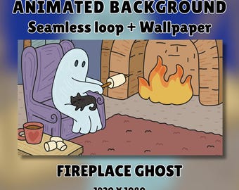Animated Background | Cozy Fireplace Ghost, Sleeping Black Cat Vibes, Lofi Loop, Twitch Overlay, VTuber Stream, Seamless Video Wallpaper