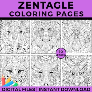 ZENTANGLE ANIMALS, Printable stress relief, coloring book pages for relaxation, stress relief, fun. Print and Color. PDF Format.