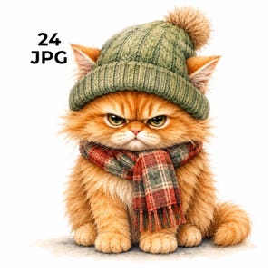 Pode incluir: Um gatinho laranja fofo com uma expressão rabugenta, usando um gorro de malha trançada verde com um pompom e um cachecol xadrez vermelho e verde. O texto 24 JPG está visível no canto superior esquerdo. O gatinho tem pelos longos.