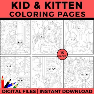 Kid and Kitten Coloring Pages, Cute Printable Coloring Sheets for Kids, Child and Cat Friendship, Digital Download PDF