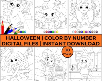 Halloween Color by Number Pages and Coloring Pages, Spooky Kids Activity (PDF)