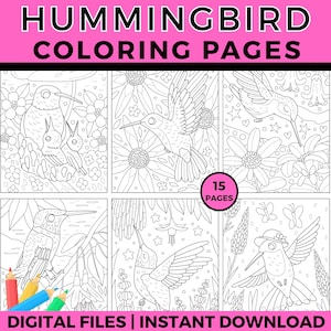 Kolibri Malseite, druckbare Malvorlage, filigrane Natur Linie Kunst, entspannendes Blumenmuster, sofortiger Download PDF