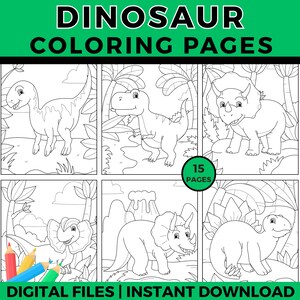 Dibujos para colorear de dinosaurios, descarga instantánea, hojas de actividades imprimibles, divertidas páginas para colorear de dinosaurios en PDF