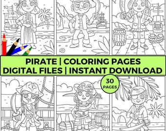 Dibujos de piratas para colorear para niños, divertida actividad imprimible, búsqueda del tesoro y aventuras en barcos piratas, descarga instantánea