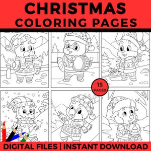 Christmas Animals Coloring Pages for Kids, Cute Holiday Coloring Printable, Festive Winter Animal PDF, Instant Digital Download