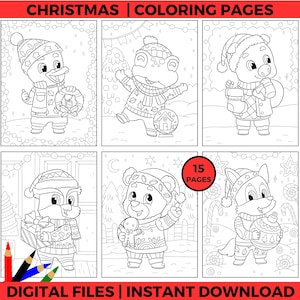 Christmas Animals Coloring Pages for Kids, Cute Holiday Coloring Printable, Festive Winter Animal PDF, Instant Digital Download