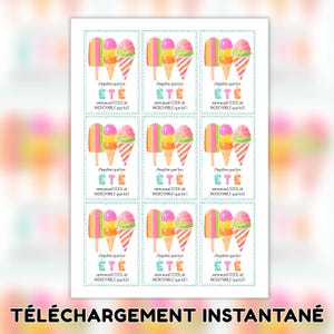 May include: A sheet of nine rectangular gift tags featuring illustrations of a popsicle and an ice cream cone. Each tag includes the French text: J'espère que ton ÉTÉ sera aussi COOL et INCROYABLE que toi! The design uses bright pink, orange, and green colours.