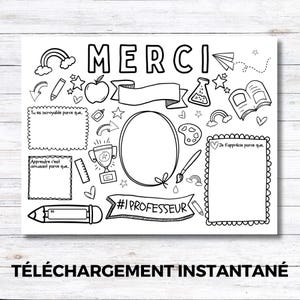 May include: A black and white printable teacher appreciation card with the word "MERCI" at the top. The card features various school-themed doodles, including an apple, pencil, and open book. The text "#I PROFESSEUR" is also included.