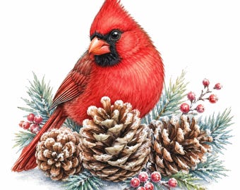 Christmas Red Cardinal Clipart 24 JPG, Whimsical Watercolor Illustration Cardinal, Digital Download