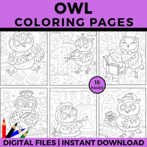 Whimsical Owl Coloring Pages for Kids, Printable Fun Animal, Woodland Bird Coloring Sheets, Back to school owl, Instant Download
