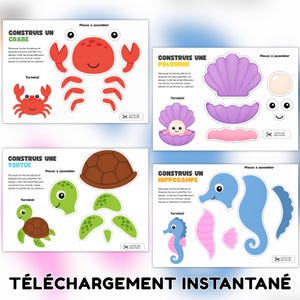 May include: Four printable craft sheets featuring sea creatures to assemble: a red crab, a purple clam with a pearl, a green turtle with a brown shell, and a blue seahorse. Each sheet includes cut-out parts, assembly instructions, and finished examples.