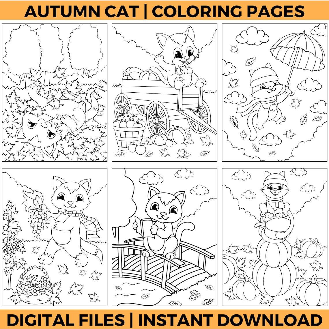 Autumn Cats Coloring Pages | Cute Fall Cat Coloring Sheets | Cozy ...