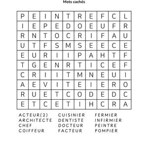 May include: A black and white word search puzzle labelled "M&Eacute;TIERS" with "Mots cach&eacute;s" above. The grid contains letters, and a list of professions is below, including "ACTEUR", "ARCHITECTE", and "CUISINIER". A blank line is at the bottom.