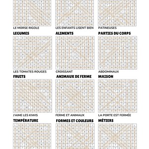 May include: A word search puzzle in French, featuring categories such as "Marine World," "School," and "Sports." The grid contains hidden words, including phrases like "The children read well" and "I like kiwis."