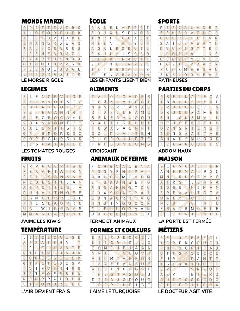 May include: A word search puzzle in French, featuring categories such as "Marine World," "School," and "Sports." The grid contains hidden words, including phrases like "The children read well" and "I like kiwis."