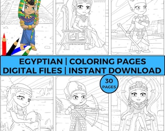 Cute Egyptian Chibi Coloring Pages, Pharaohs, Pyramids (Digital Download)