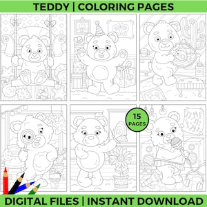 Cute Teddy Bear Coloring Pages | Printable Bears in Fun Scenes for Kids | Instant Download