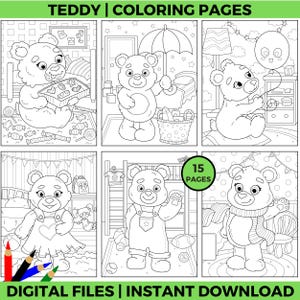 Cute Teddy Bear Coloring Pages | Printable Bears in Fun Scenes for Kids | Instant Download