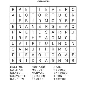 May include: A white paper featuring a word search puzzle titled "MONDE MARIN" in black text. The puzzle grid is filled with letters, and a list of French words, such as "Crabe" and "Crevette", is below.