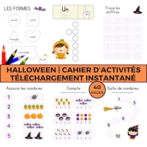 May include: A Halloween-themed activity book with shapes, counting, and number tracing exercises. Includes a pumpkin-costumed character, bats, pumpkins, and witch hats. The book has 40 pages and is available for instant download.