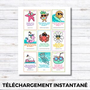 May include: A printable sheet with nine illustrated cards, each with a French riddle and beach-themed characters. The cards feature a starfish, pineapple, sun, unicorn, octopus, daisy, swan, jellyfish, and a coconut. The text "TÉLÉCHARGEMENT INSTANTANÉ" is at the bottom of the sheet.