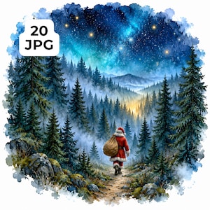 Puede incluir: Una ilustración en acuarela que muestra a una figura con traje rojo y blanco cargando un saco marrón, caminando por un sendero en un denso bosque de pinos. Arriba, brilla un cielo nocturno estrellado azul vibrante. Incluye el texto 20 JPG.