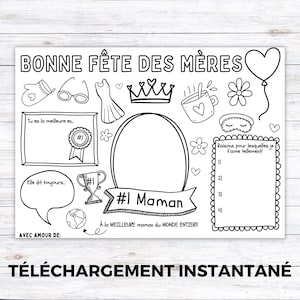 May include: Black and white printable Mother's Day card with the text "BONNE FÊTE DES MÈRES" and various illustrations, including a heart-shaped balloon, a crown, and a coffee mug. The card has space for personalization.