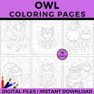 Whimsical Owl Coloring Pages for Kids, Printable Fun Animal, Woodland Bird Coloring Sheets, Back to school owl, Instant Download