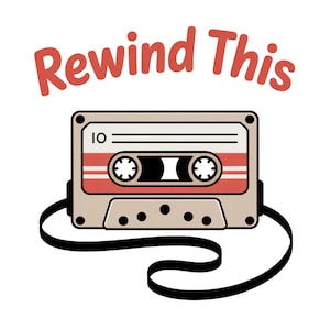 Rewind This PNG, Retro Cassette Tape with Ribbon, Funny Vintage Music Clipart, 90s Nostalgia  Design