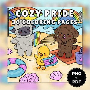 May include: A digital coloring page illustration titled COZY PRIDE 30 COLORING PAGES featuring a gray sheep, a yellow chick, and a brown dog on a beach. The animals hold pride flags. Includes a rainbow, ocean, seashells, a beach towel, and a PNG + PDF label.