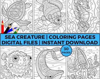 SEA CREATURES Coloring Pages, Ocean animals printable coloring sheet for kids and adults, Digital Download, Under the Sea Coloring pages