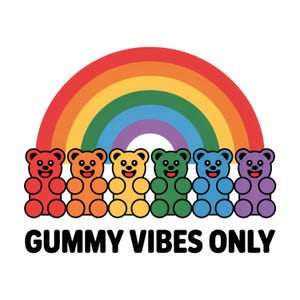 Gummy Vibes Only PNG, Cute Rainbow Gummy Bears Clipart, Retro Candy Aesthetic Digital Download for Stickers, Shirts and Gifts