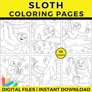 SLOTH Coloring Pages for Kids, Cute Sloth Printable Coloring Book, Fun Animal Activity Sheets PDF, Instant Download