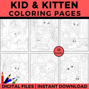 Kid and Kitten Coloring Pages, Cute Printable Coloring Sheets for Kids, Child and Cat Friendship, Digital Download PDF