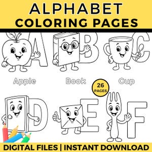 A-Z  Alphabet Coloring Pages for Kids,  Printable Educational Activity Sheets, Fun Letters, Instant Download