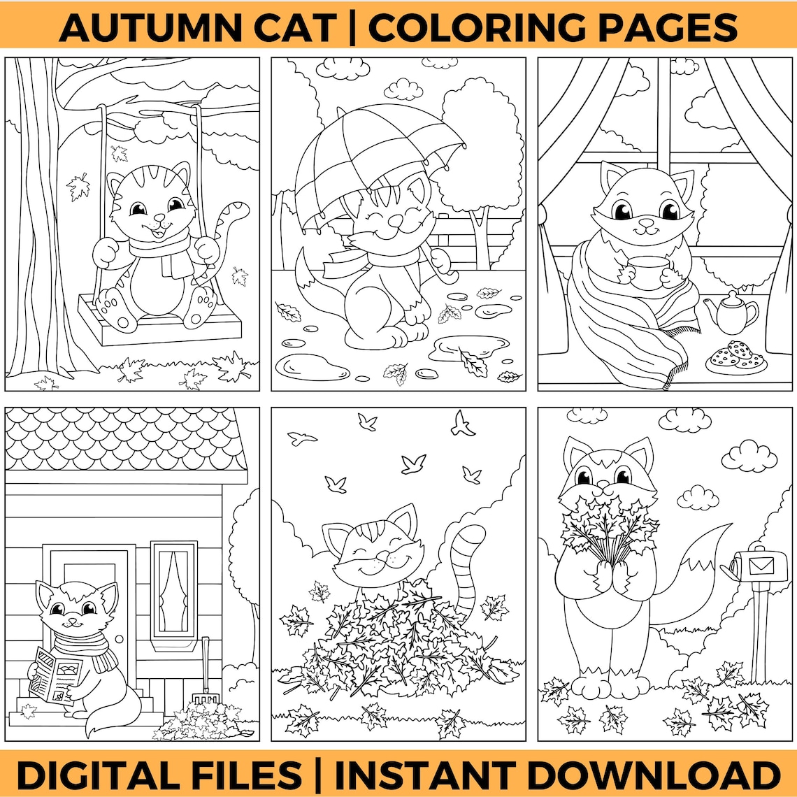 Autumn Cats Coloring Pages | Cute Fall Cat Coloring Sheets | Cozy ...