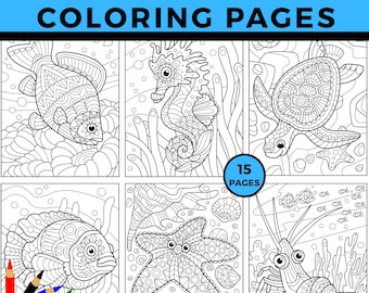 SEA CREATURES Coloring Pages, Ocean animals printable coloring sheet for kids and adults, Digital Download, Under the Sea Coloring pages
