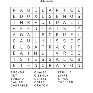 May include: A black and white word search puzzle with the word "&Eacute;COLE" at the top. The puzzle contains a grid of letters and a list of words to find, including "AGENDA" and "CRAYON".