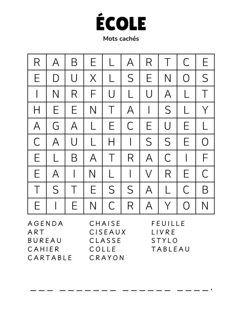 May include: A black and white word search puzzle with the word "&Eacute;COLE" at the top. The puzzle contains a grid of letters and a list of words to find, including "AGENDA" and "CRAYON".
