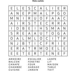 May include: A black and white word search puzzle with the word "MAISON" at the top. The puzzle contains words related to a house, such as "kitchen" and "bedroom".