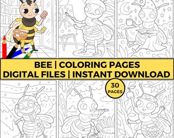 Dibujos para colorear de abejas para niños, lindas hojas de actividades imprimibles de insectos, temática de naturaleza educativa y divertida, descarga instantánea en PDF.