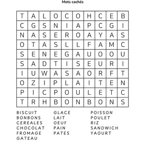 May include: A black and white word search puzzle with the word "ALIMENTS" at the top. The puzzle includes a grid of letters and a list of food-related words to find, such as "BISCUIT" and "BONBONS".