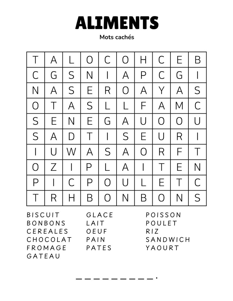 May include: A black and white word search puzzle with the word "ALIMENTS" at the top. The puzzle includes a grid of letters and a list of food-related words to find, such as "BISCUIT" and "BONBONS".
