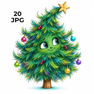 Puede incluir: Una ilustración de árbol de Navidad de dibujos animados con una cara sonriente, grandes ojos azules y agujas verdes texturizadas. El árbol está decorado con adornos redondos de colores rosa, azul, morado, amarillo y verde, con una estrella dorada.